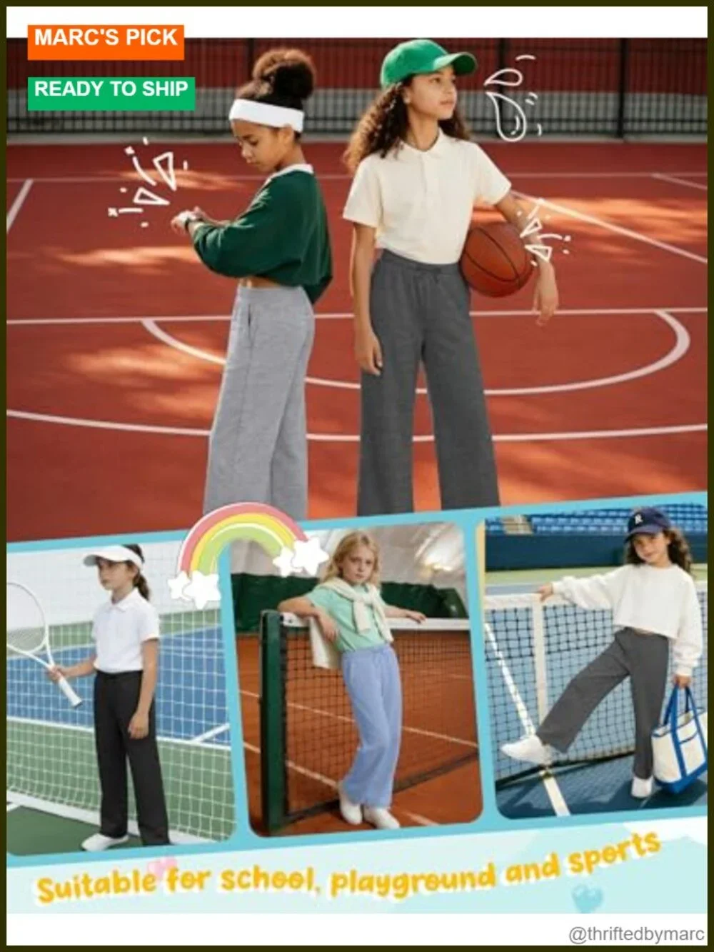 Girls 4 Pack Baggy Wide Leg Sweatpants with Pockets, 95% Polyester 5% Rayon